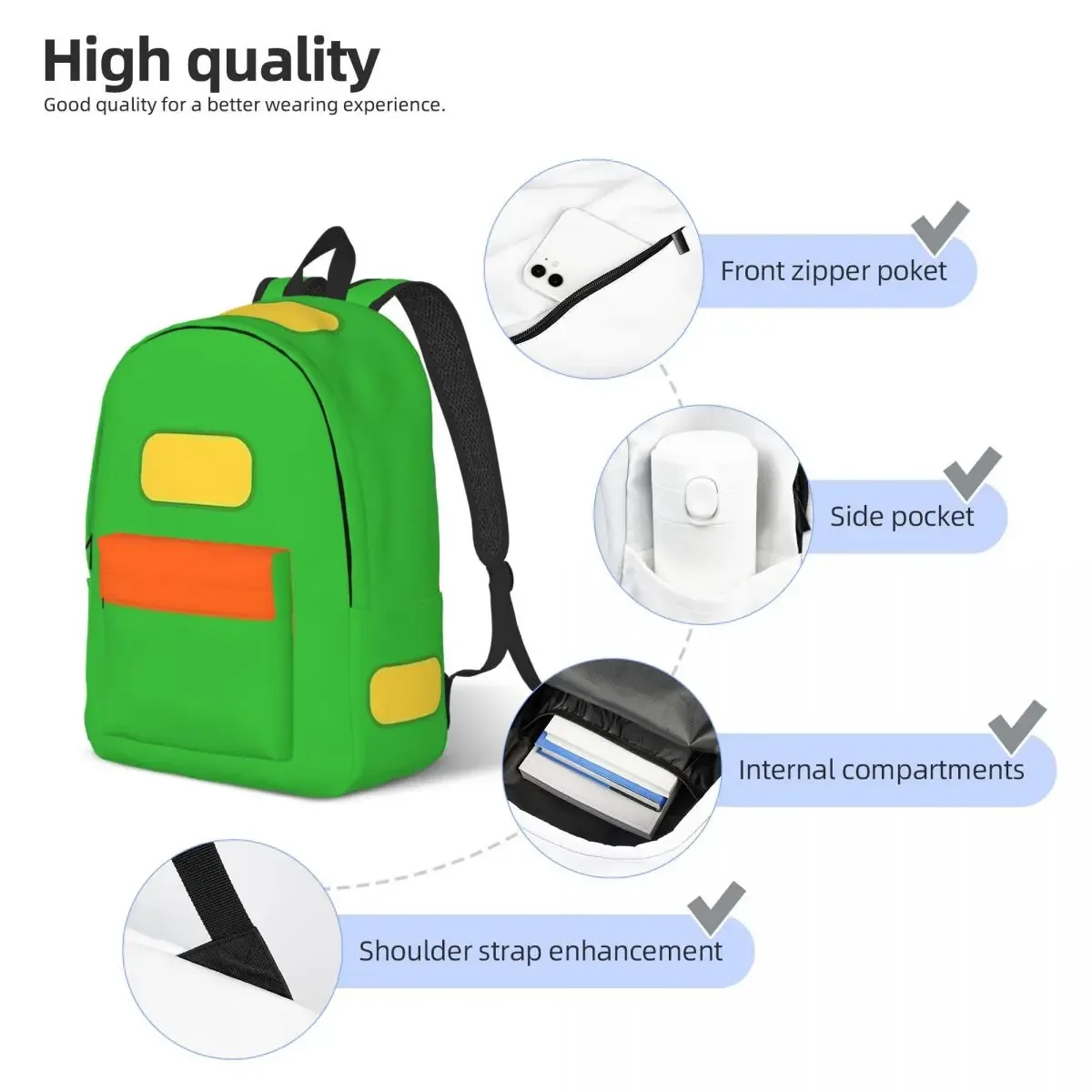 sac dos toile polyester dessin animé vert bandes jaunes orange poches latérales arrière avant école voyage