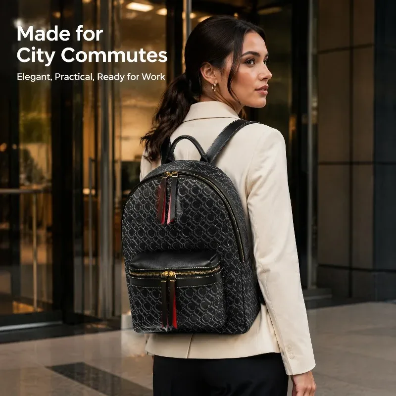 sac dos motif monogrammé fond noir poignées fermeture glissière intérieur rouge polyester voyage grande capacité unisexe