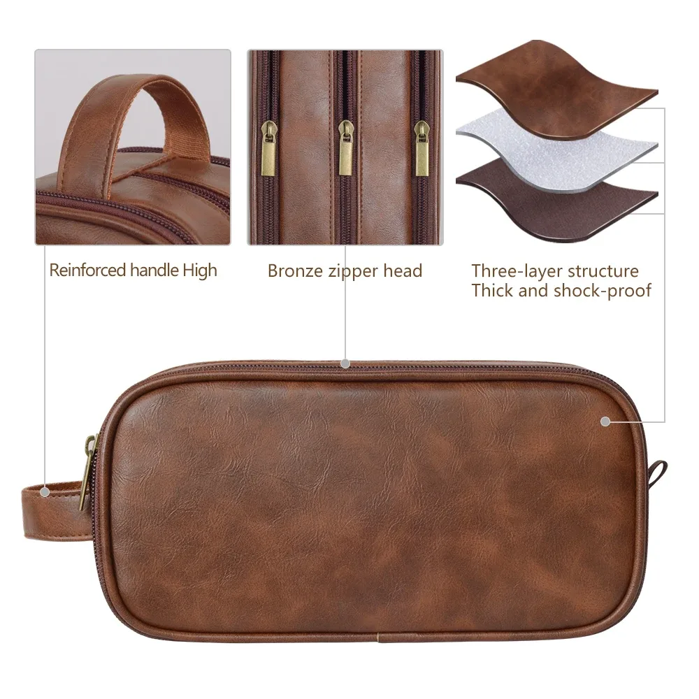 trousse de toilette de voyage pour hommes en cuir résistante à l'eau avec poignée, organisateur polyvalent pour articles de toilette, trousse de toilette personnalisable avec logo, kit dopp