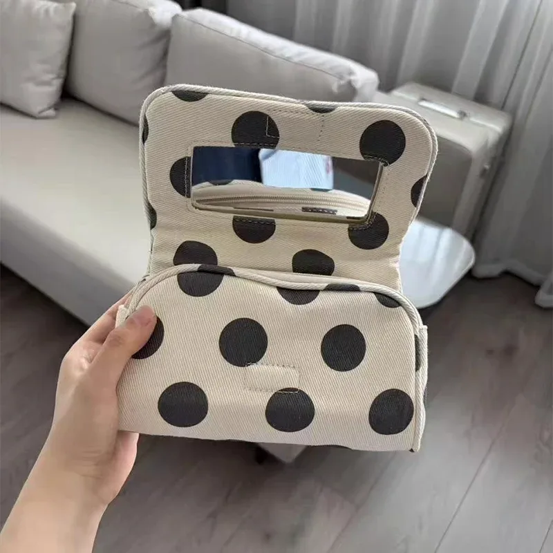 sac de maquillage en toile à pois de style coréen, avec miroir intégré, sac de rangement portable pour voyage quotidien, sac à rabat élégant et raffiné pour le shopping