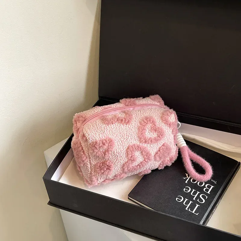 sacs de maquillage en peluche douce pour femmes, grande capacité, organisateur de cosmétiques quotidiens, fourre-tout de style simple, trousse de toilette de voyage, sac a main