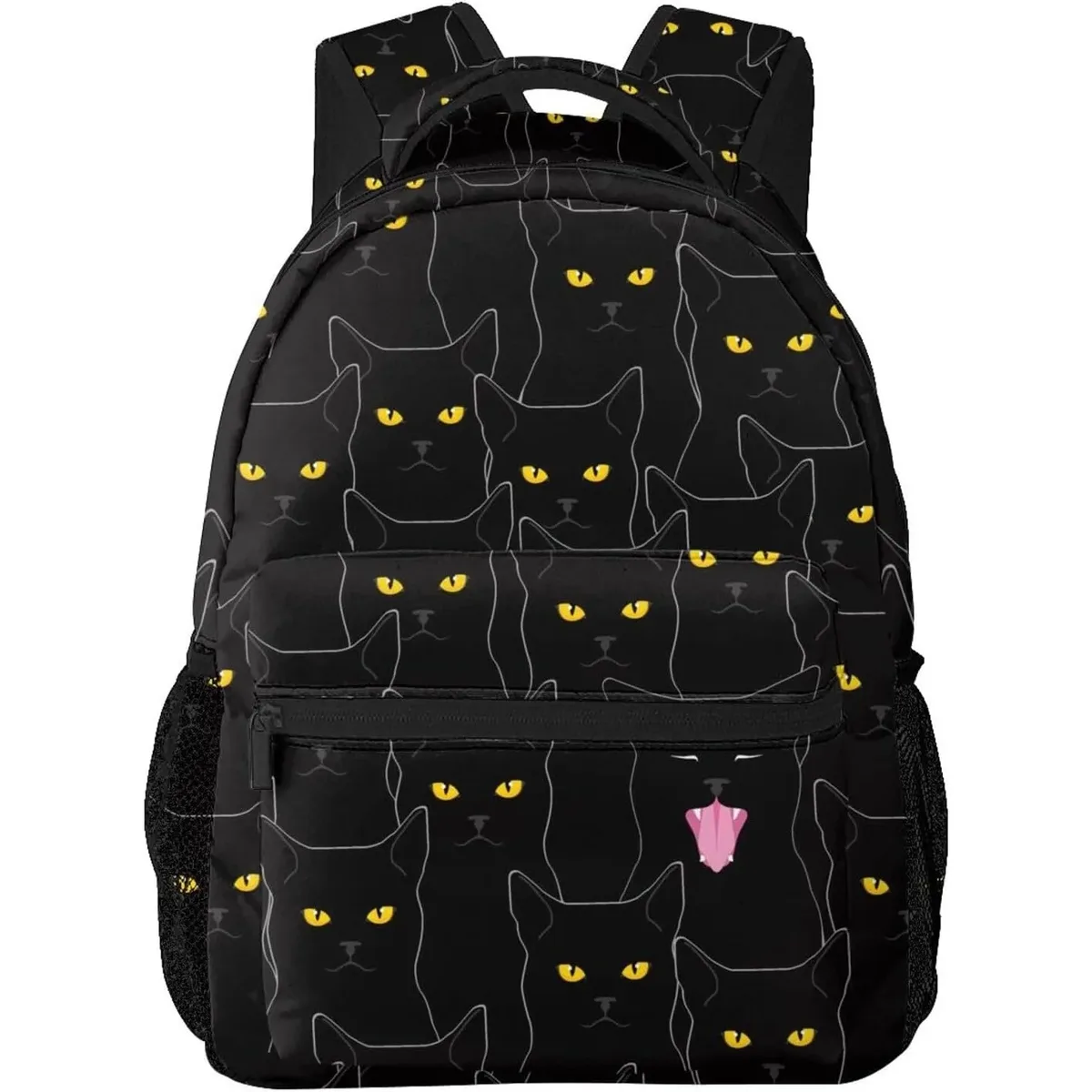 sac dos polyester chats noirs yeux jaunes lumineux noir forme rectangulaire poignées latérales usage voyage école travail sport