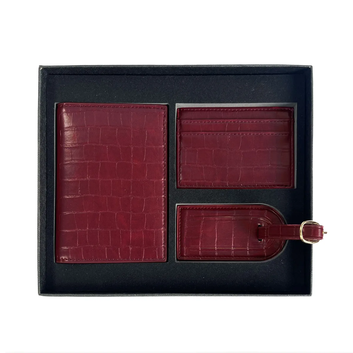coffret cadeau personnalisé avec initiales gratuites : housse de passeport en cuir de crocodile, étiquette de bagage, porte-cartes, accessoires de voyage
