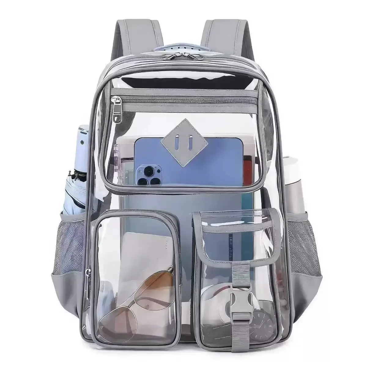 sac à dos transparent en pvc approuvé pour les stades, design transparent avec bretelles à coussin d'air, imperméable et résistant.