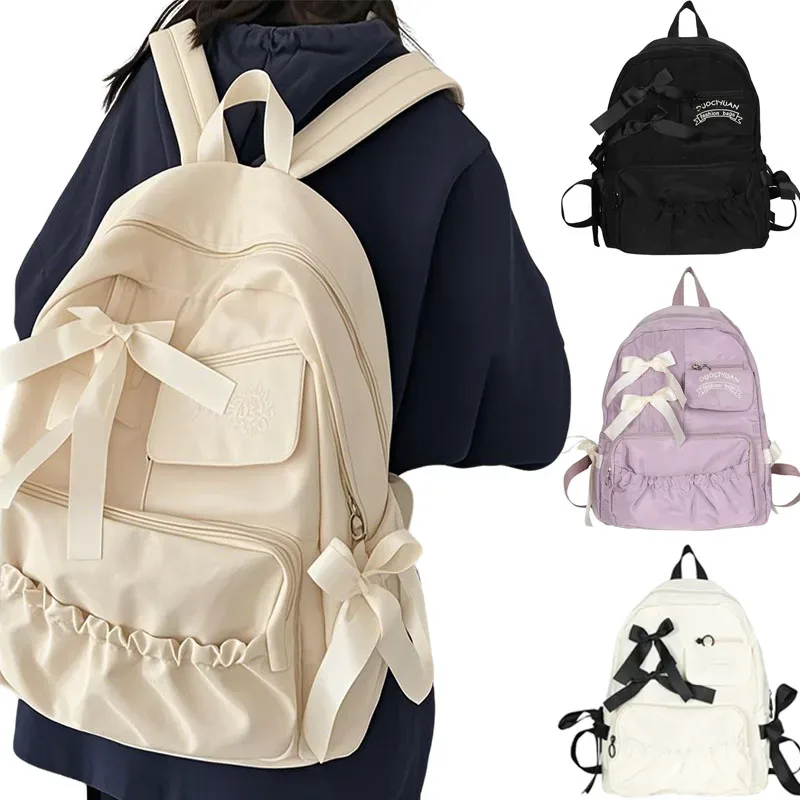 Sac Dos Nylon Beige Poche Ouverte Fermeture Éclair Style Preppy Arc Décoration Usage Voyage École Adolescente Femmes