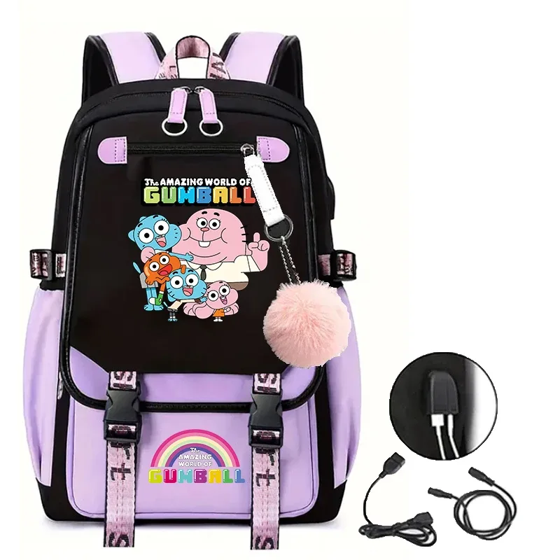 sacs d'école pour adolescentes, sac à dos imprimé the amazing world of gumball, sac à dos de voyage de grande capacité avec port usb