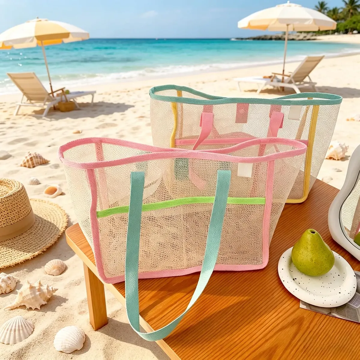 sacs de plage pour femmes, sacs de plage pliables colorés en filet, sac de voyage pour la piscine, poche de rangement pour accessoires de plage