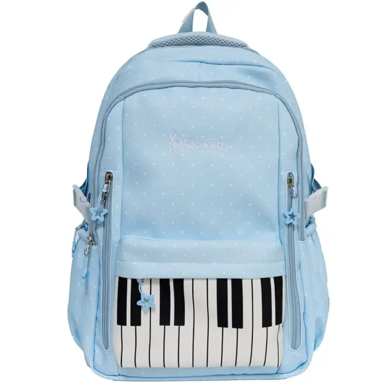 sac à dos d'étudiant grande capacité, sac à bandoulière double, imprimé à pois clavier de piano, sac de voyage scolaire, style coréen vintage