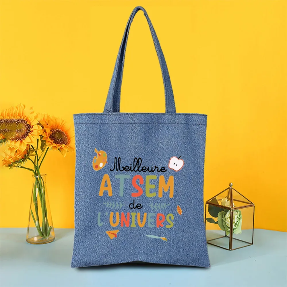 sac fourre-tout en jean imprimé super atsem maitresse, sacs de shopping pour femme, sacs de voyage, cadeau de remerciement pour la fête des enseignants et les diplômés