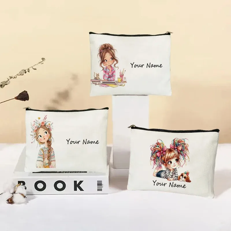 trousse de maquillage en toile personnalisée avec le nom de la fille, trousse de toilette pour les voyages quotidiens, trousse de maquillage, cadeau de noël ou d’anniversaire pour les filles.
