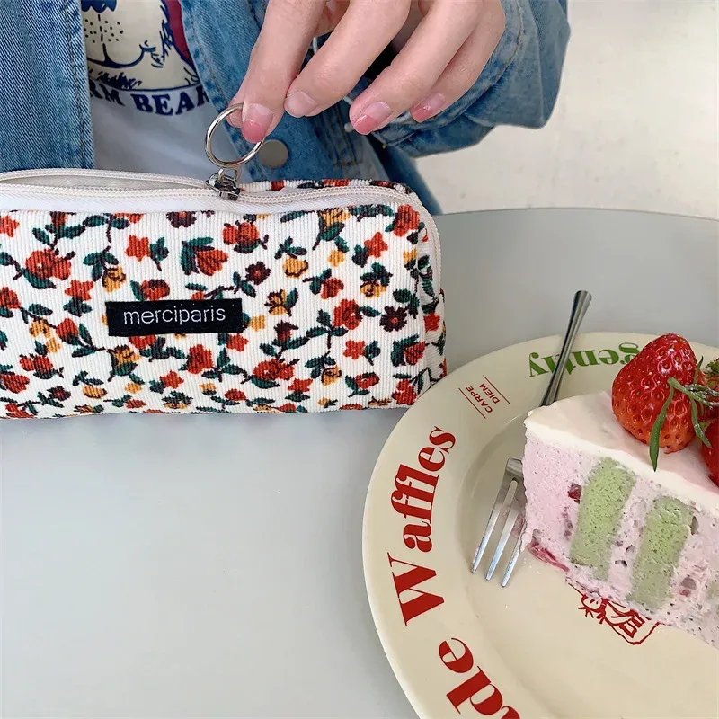 sac à main floral en velours côtelé pour femme, sac de rangement pour rouge à lèvres, sac à main kawaii, portefeuille de maquillage, trousse à crayons en poudre, sacs de voyage