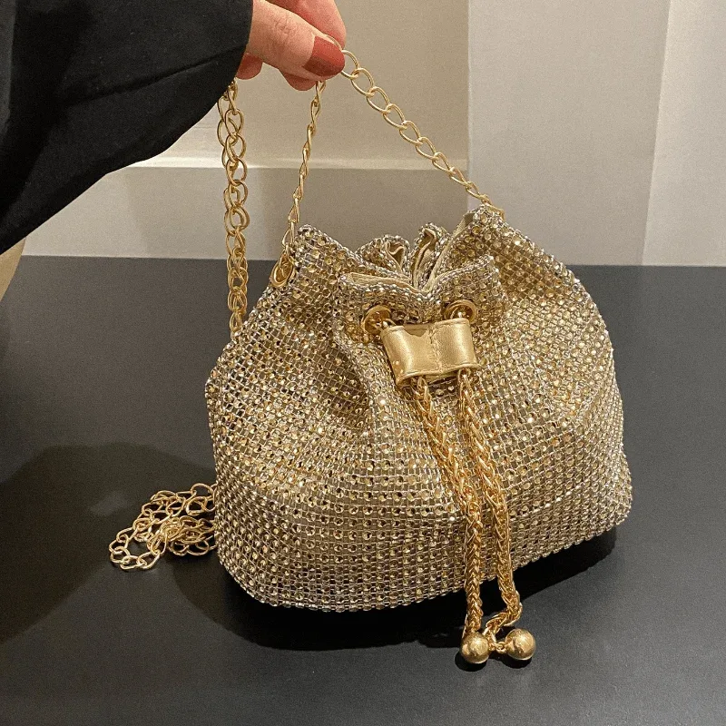 sac à bandoulière à cordon orné de strass scintillants, sac à main seau multifonctionnel, sac à main formel pour les déplacements quotidiens des femmes
