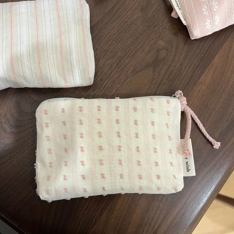 pochette de maquillage rayée rose pour femme, mini sac à cosmétiques mignon, sac de rangement portable pour clés, écouteurs, rouge à lèvres, porte-monnaie