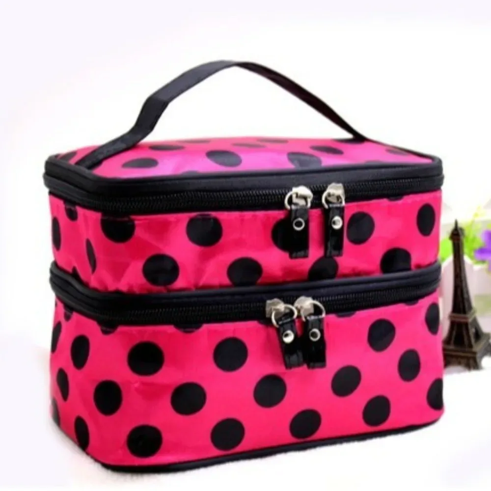 sac de maquillage double couche à pois, trousse de toilette portable grande capacité, étui de voyage pour maquillage