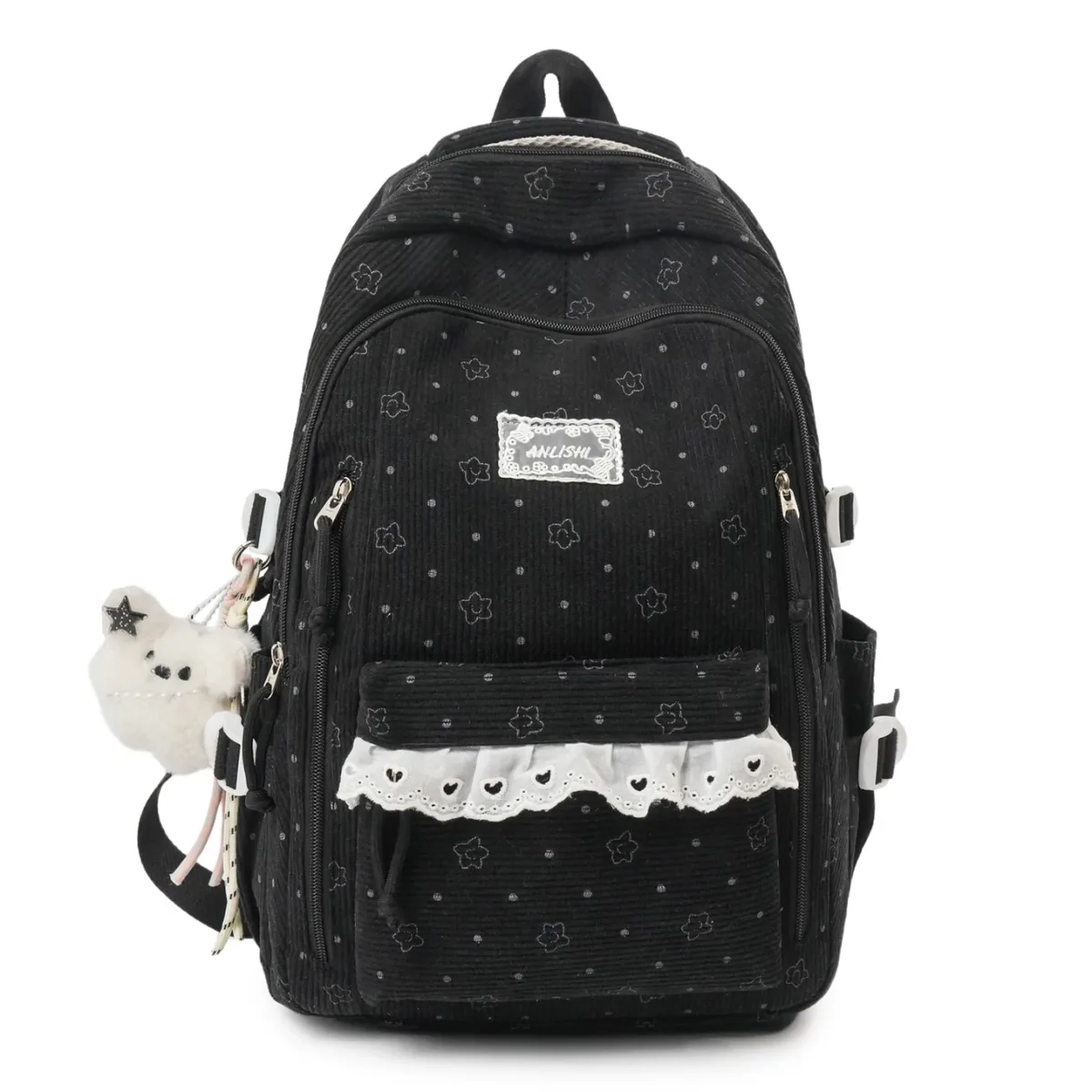 sac à dos décontracté en velours côtelé gris pour femme, motif étoile, breloque ours en peluche, multi-poches, sangle réglable, pour usage quotidien et scolaire 2026