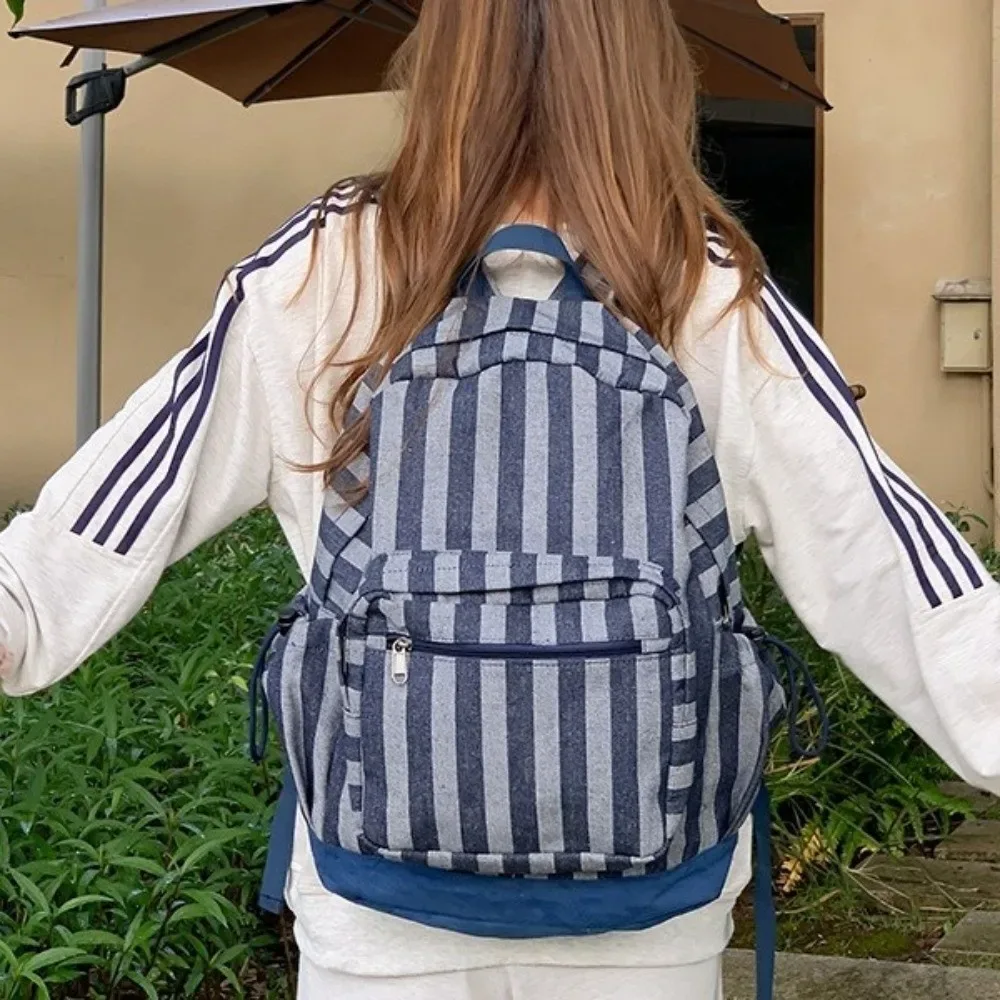 sac à dos à rayures grises de style coréen, multi-poches, léger, imprimé étoiles, bretelles réglables, pour les trajets quotidiens