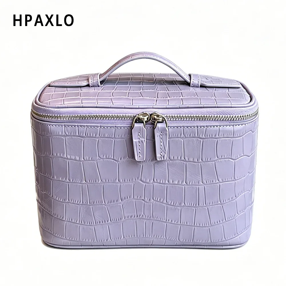 pochette de maquillage en cuir véritable texture crocodile, trousse de toilette de voyage, organiseur de rangement de grande capacité de qualité supérieure pour femmes