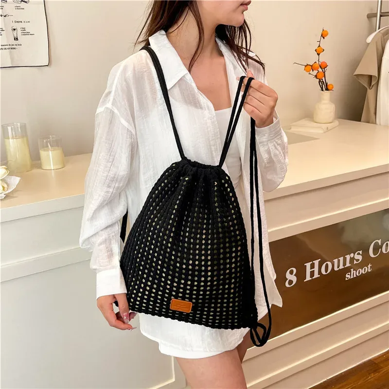 sac à cordon tissé tendance, grande capacité, design ajouré, sac à dos pratique pour les trajets quotidiens et le shopping