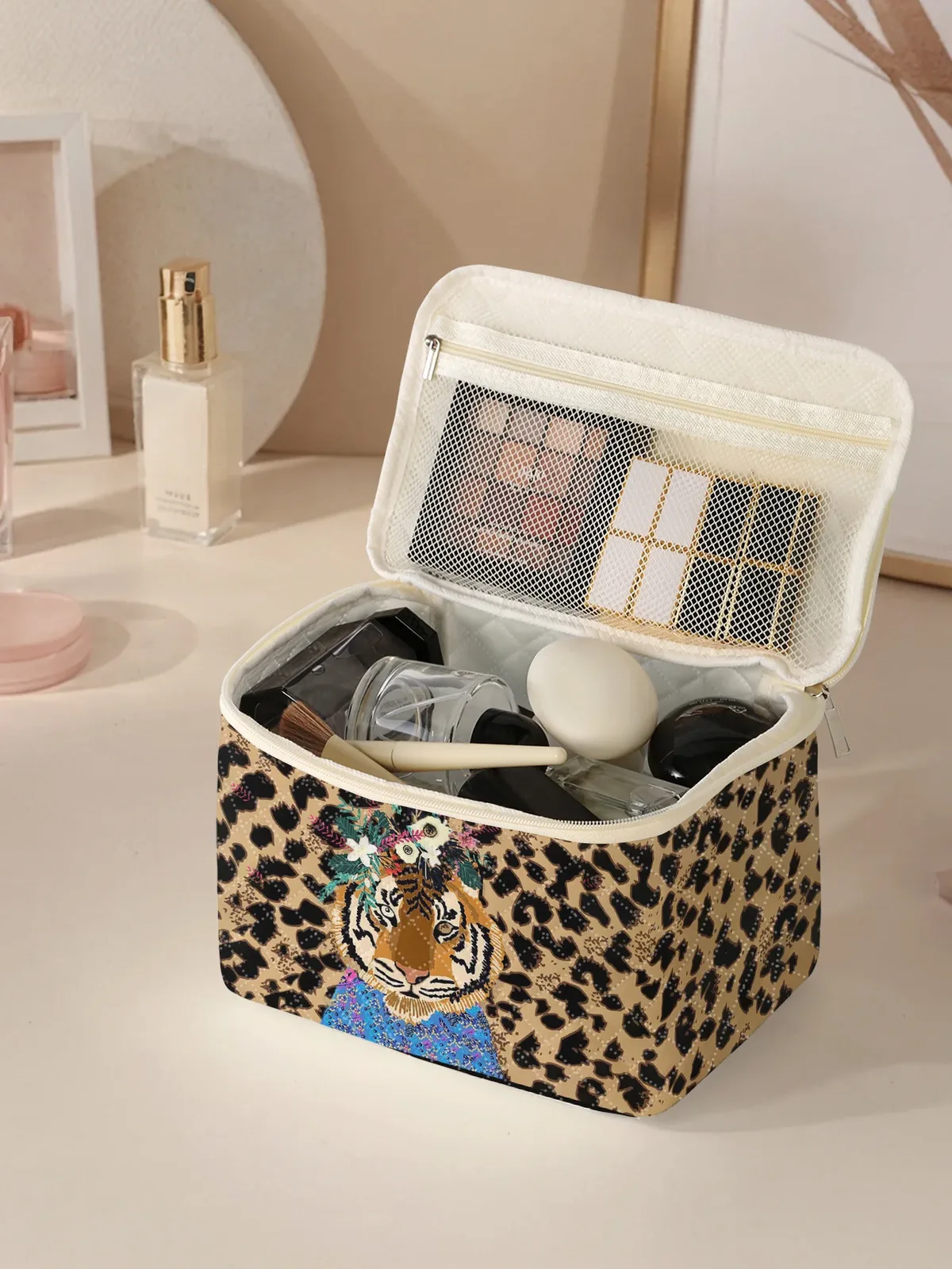 organisateur voyage polyester motif tigre léopard fleurs cube sac cosmétiques grande capacité transport cosmétiques