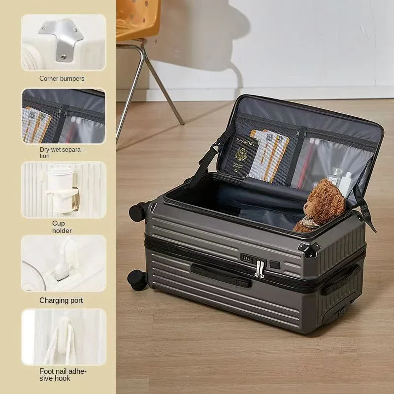 valise à ouverture latérale avec porte-gobelet usb, valise épaisse et durable, grande capacité, valises de voyage 36 pouces, 20/26/30/32 pouces