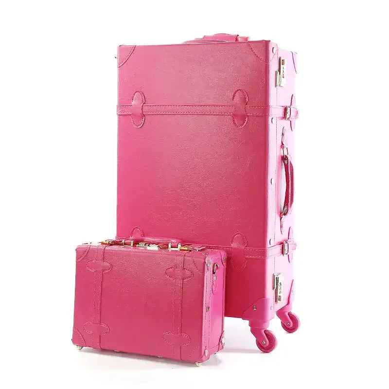 valise à roulettes en cuir pu rétro pour filles, bagage à main, cabine rose, ensemble de bagages de voyage pour femme, 20 po, 2 pièces