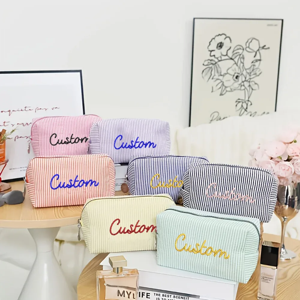 pochette de maquillage brodée personnalisée, nom personnalisé, pochette cosmétique pour demoiselle d'honneur, trousse de toilette portable, sac de voyage, cadeau pour femme