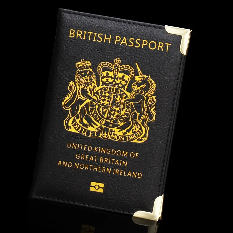 accessoires de voyage porte-passeport britannique avec pieds en cuivre, couverture de passeport en pu, portefeuilles d'angle en métal fin, porte-carte d'identité