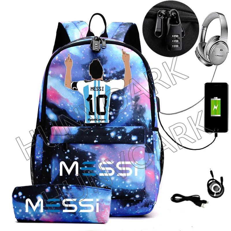 messi-sac à dos étanche avec chargeur usb, sac à dos de voyage décontracté, grande capacité, sacs d'école pour ordinateur portable, hommes et femmes