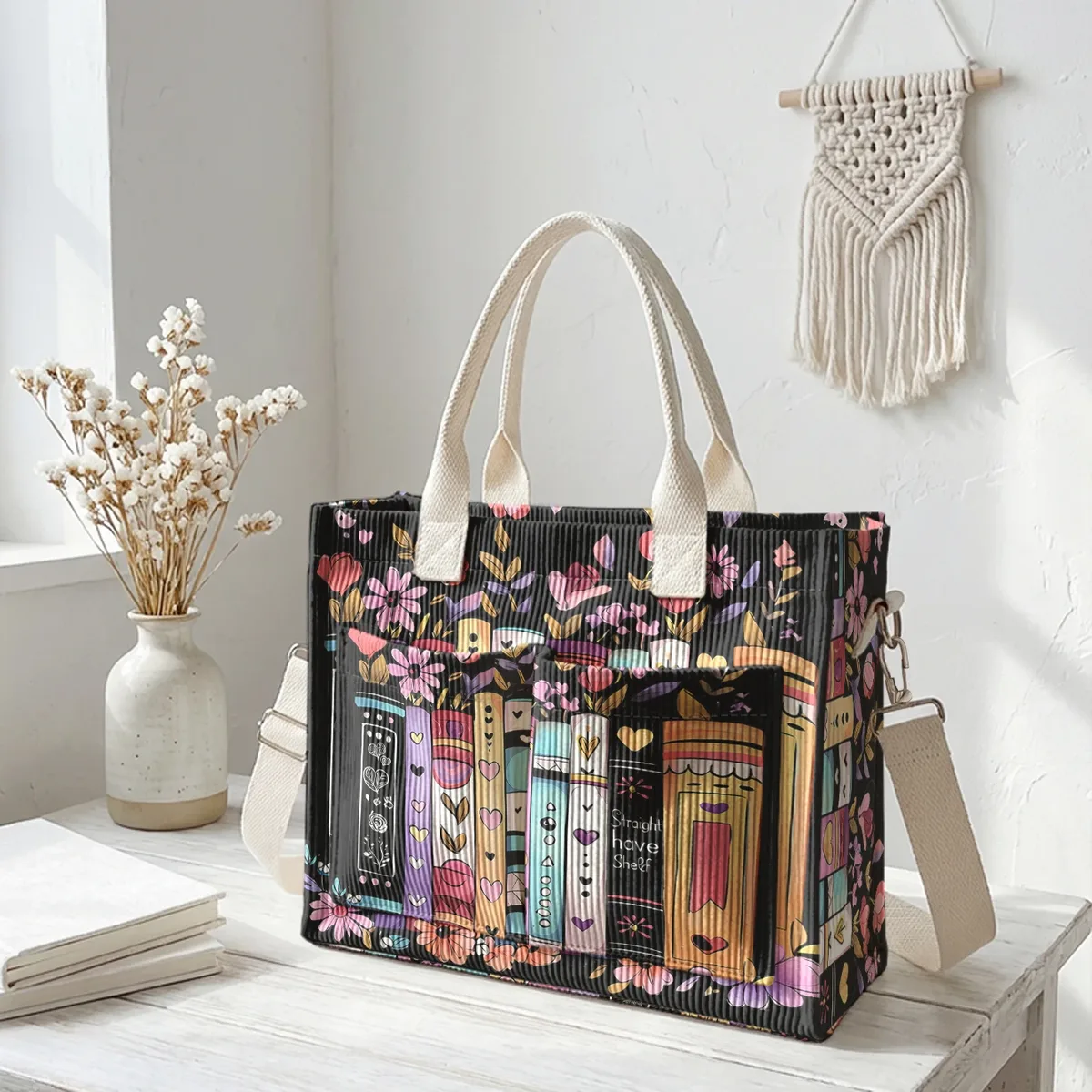 sac fourre-tout en velours côtelé imprimé livres et fleurs colorés, grande capacité, multi-poches, sac à bandoulière pour les trajets quotidiens