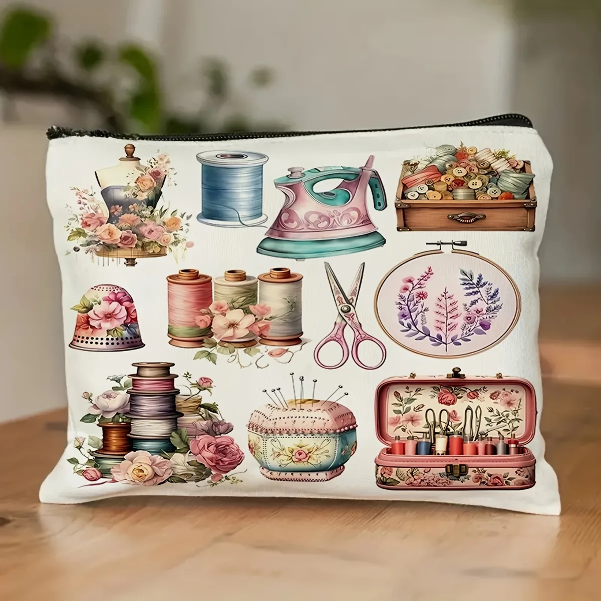 machine à coudre vintage et trousse de maquillage florale, organisateur de rangement sur le thème de la couture, trousse à cosmétiques de grande capacité, sac de voyage léger