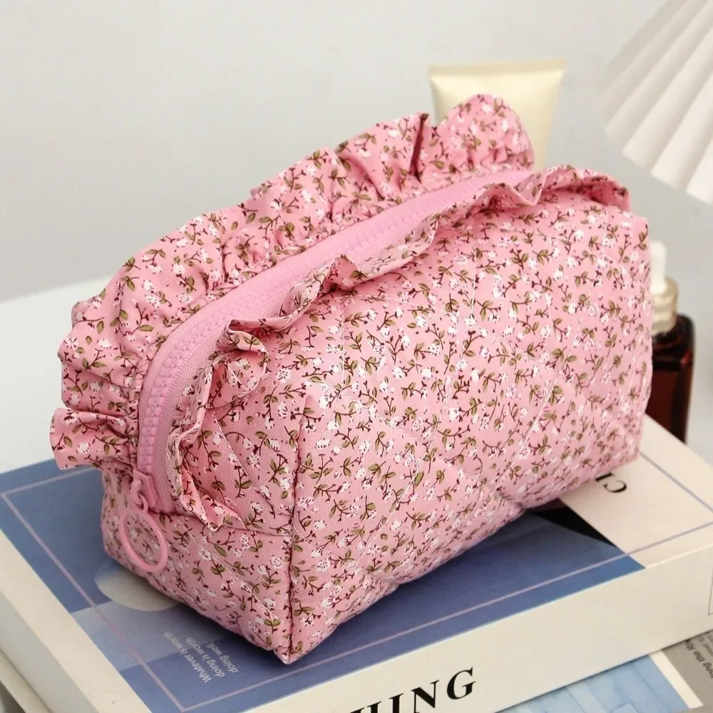 pochette de maquillage matelassée à bords volantés portable, avec nœud, grande capacité, sac de rangement cosmétique, imprimé floral, trousse à crayons