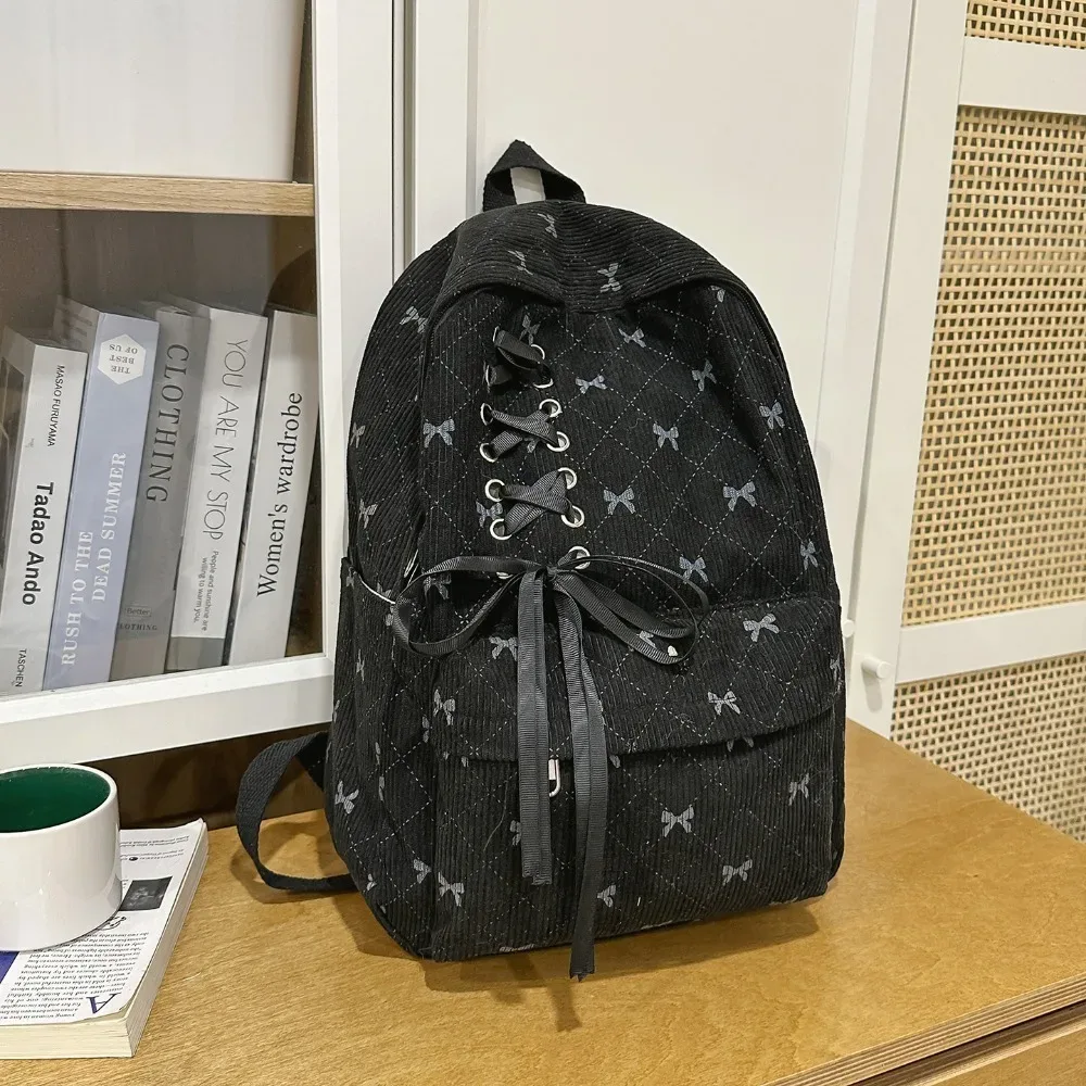 sac à dos en velours côtelé grande capacité avec nœud, léger, style coréen, sac à nœud, bretelles réglables, sac à double épaule pour étudiants
