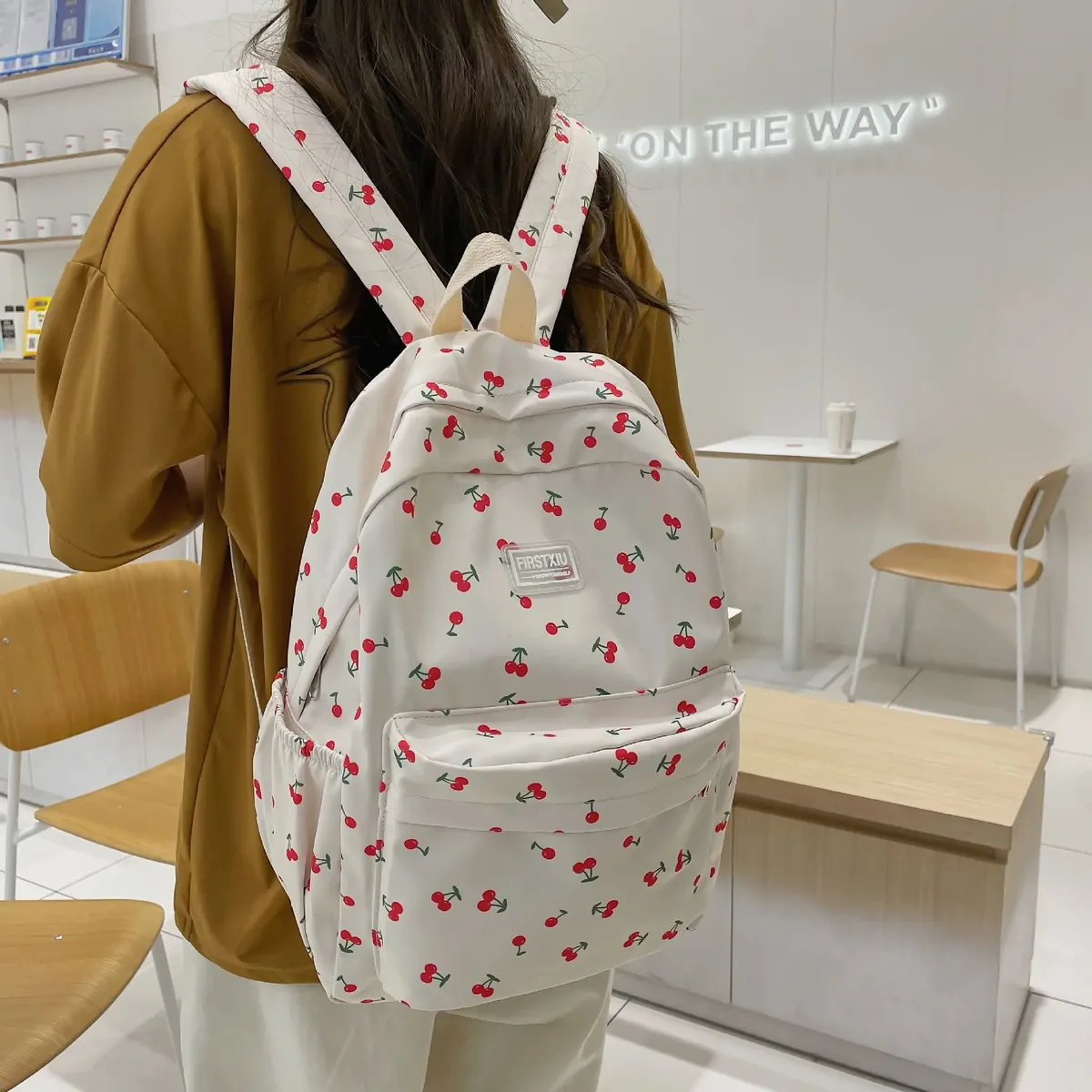 sac à dos tendance pour femmes, motif cerise, sac à dos de voyage, sangle réglable, fermeture éclair, pour le travail, le shopping, l'école