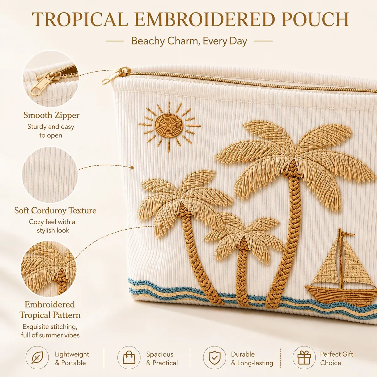 pochette de maquillage en velours côtelé brodée tropicale, grande trousse de toilette de voyage pour femmes, rangement pour articles de toilette de plage