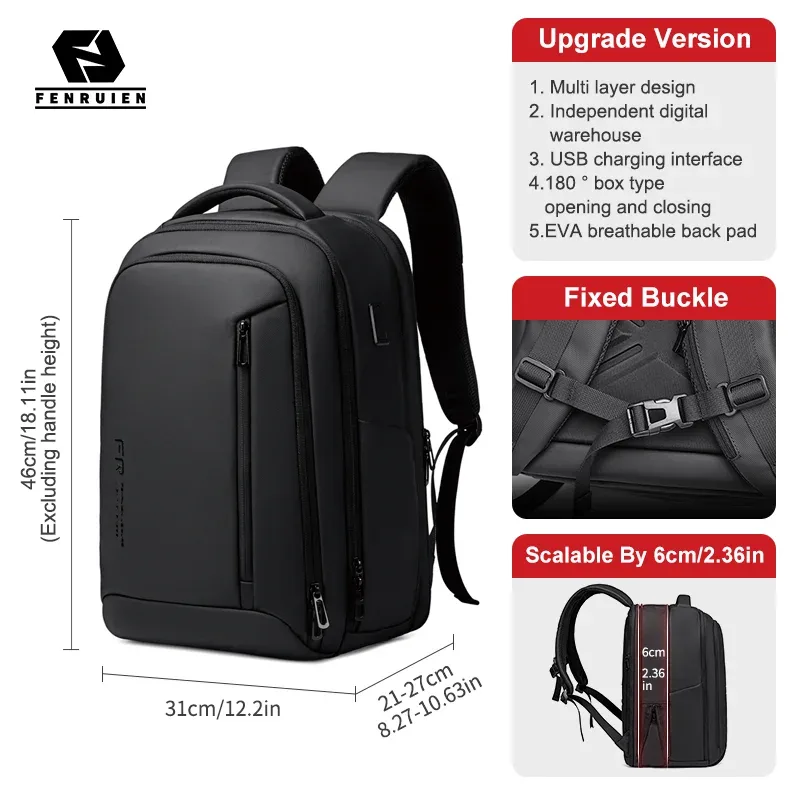 sac à dos fenruien, sac pour ordinateur portable 16 pouces pour homme, grande capacité, extensible, capacité accrue, sac de voyage