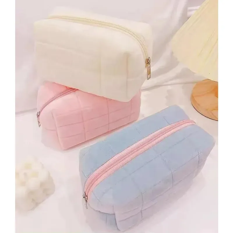 grand sac à main de rangement de maquillage à fermeture éclair pour femmes, sac de rangement de cosmétiques en fourrure solide, trousse à crayons de papeterie, poinçon de toilette de maquillage de voyage