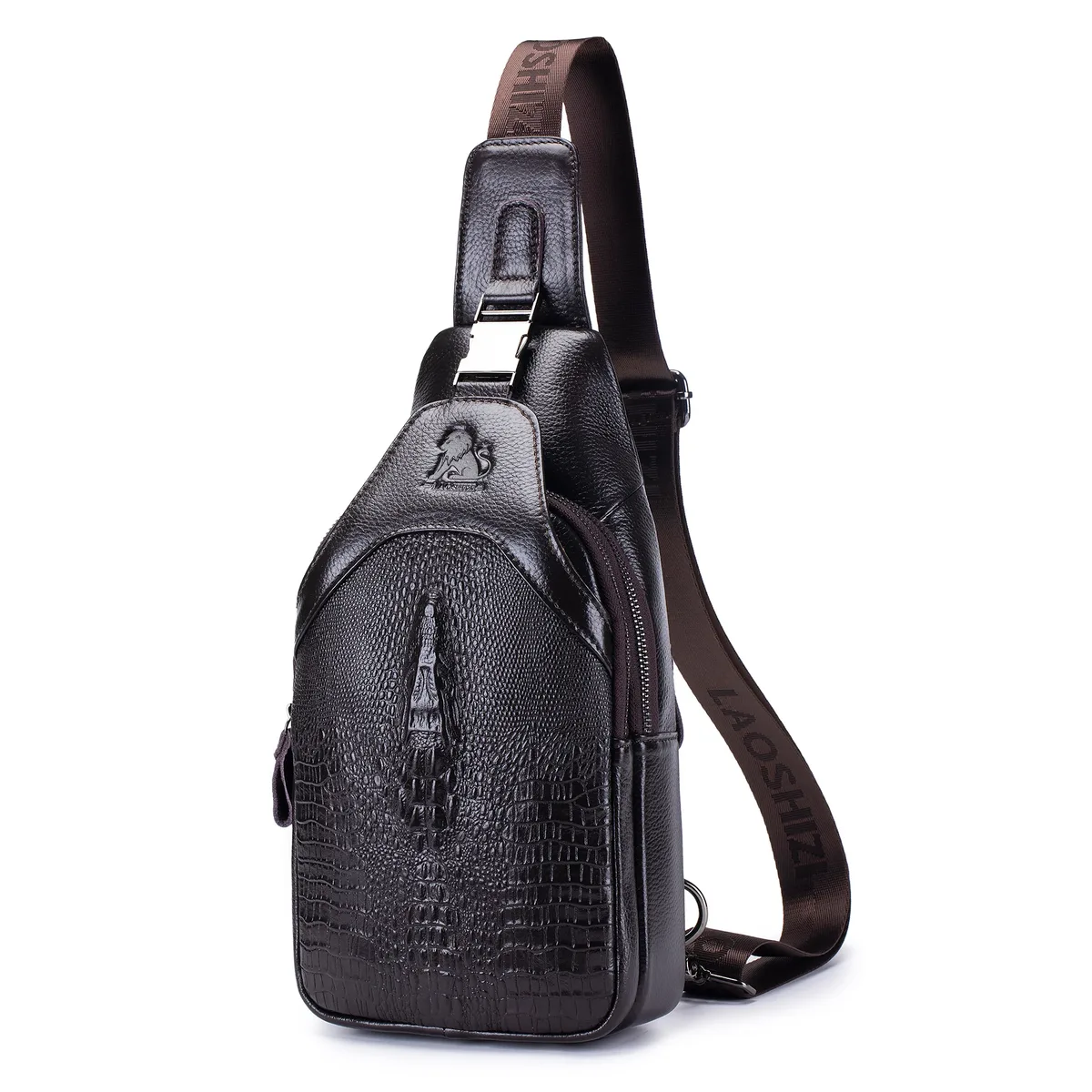 sac de poitrine en cuir pour hommes, sac à bandoulière, sac multifonctionnel à motif crocodile avec sac à bandoulière de chargement usb