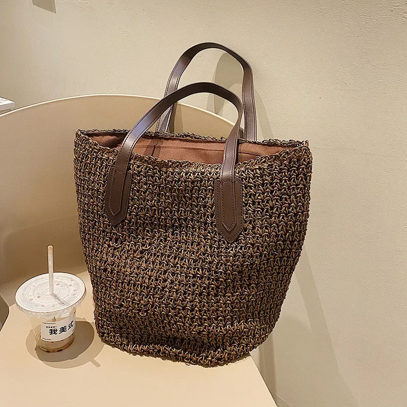sacs de plage d'été pour femmes, sacs à bandoulière tissés en rotin faits à la main, sac en paille de grande capacité, sac à main bohème décontracté de voyage, fourre-tout