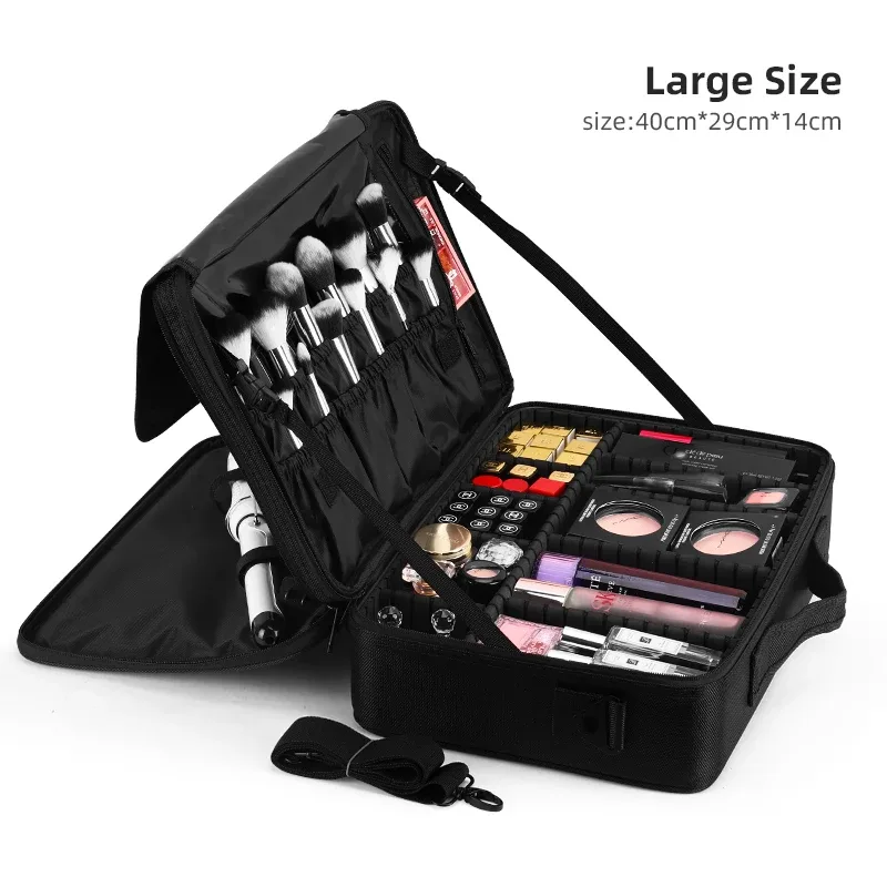 trousse de maquillage professionnelle en cuir imperméable, trousse de maquillage, trousse d'artiste de maquillage, trousse de train, trousse à cosmétiques de voyage, évaluation des pinceaux, matériau