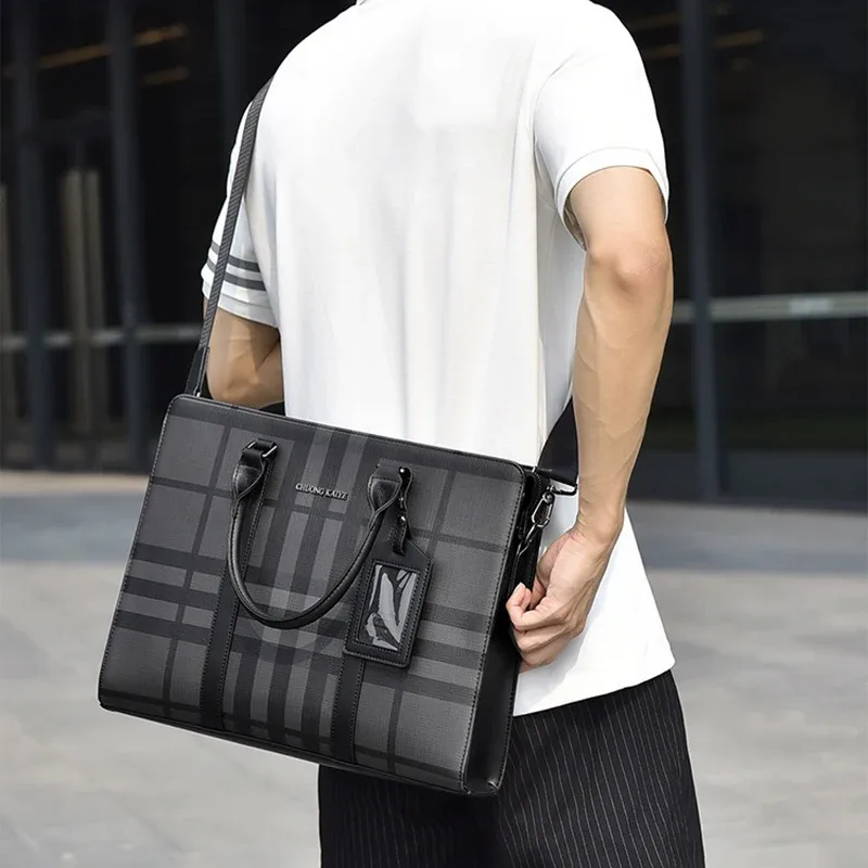 Porte-documents pour hommes PVC grande capacité exécutif concepteur affaires 14 pouces ordinateur portable fichier portefeuille bureau épaule messager A4 sac