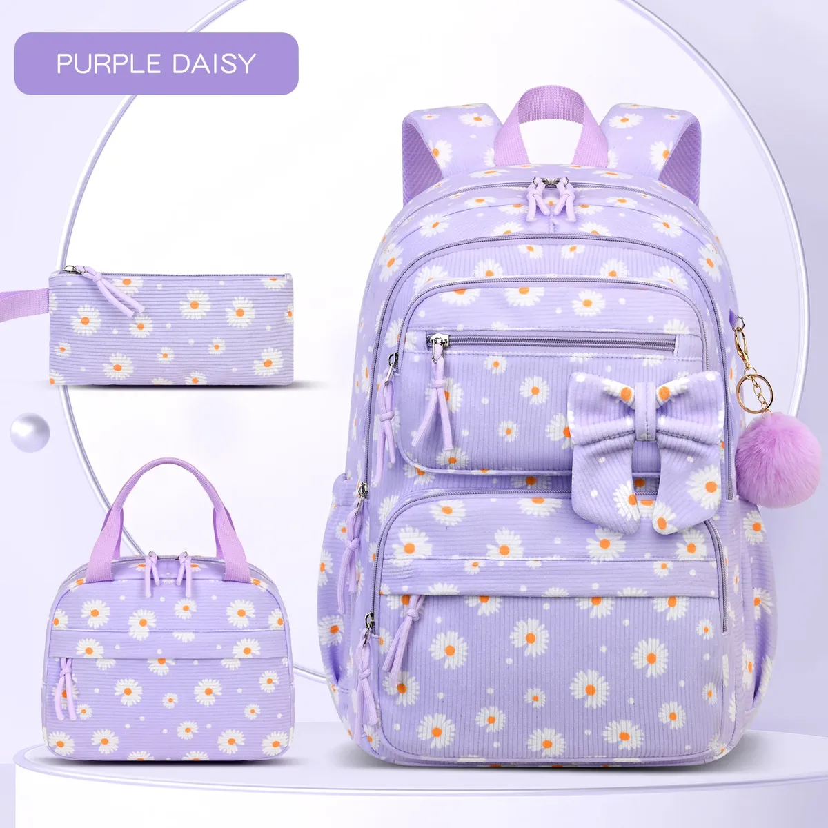 sac à dos d'école pour filles, motif cerise, sac à dos en velours côtelé pour écolière primaire, sac à livres pour enfants, sac à déjeuner, trousse à crayons, 3 pièces/ensemble