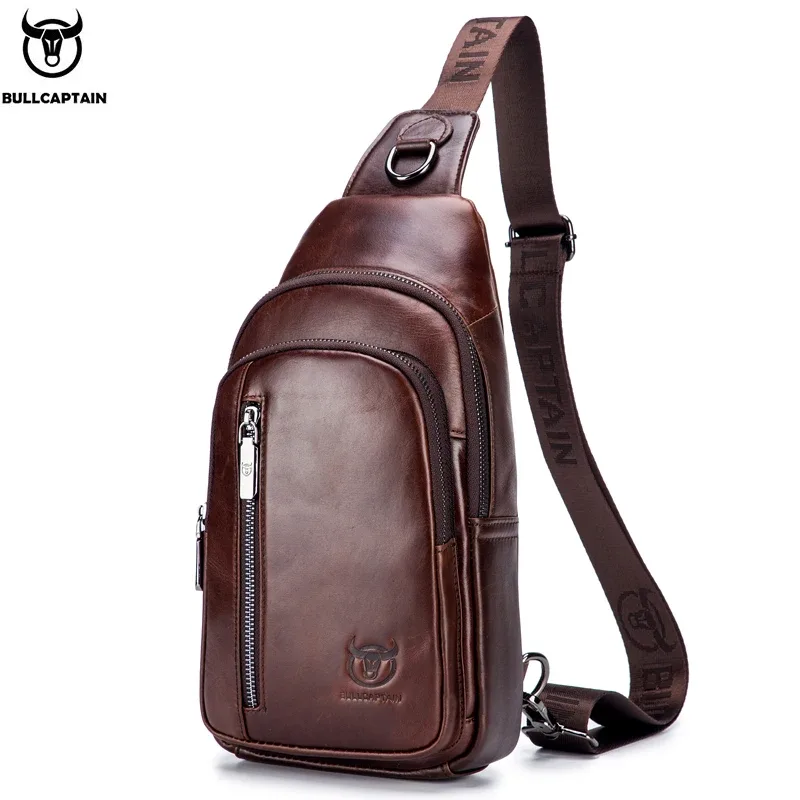 bullcaptain-sac de poitrine en cuir véritable pour homme, sac à bandoulière multifonctionnel, sac de poitrine de musique, mode loisirs