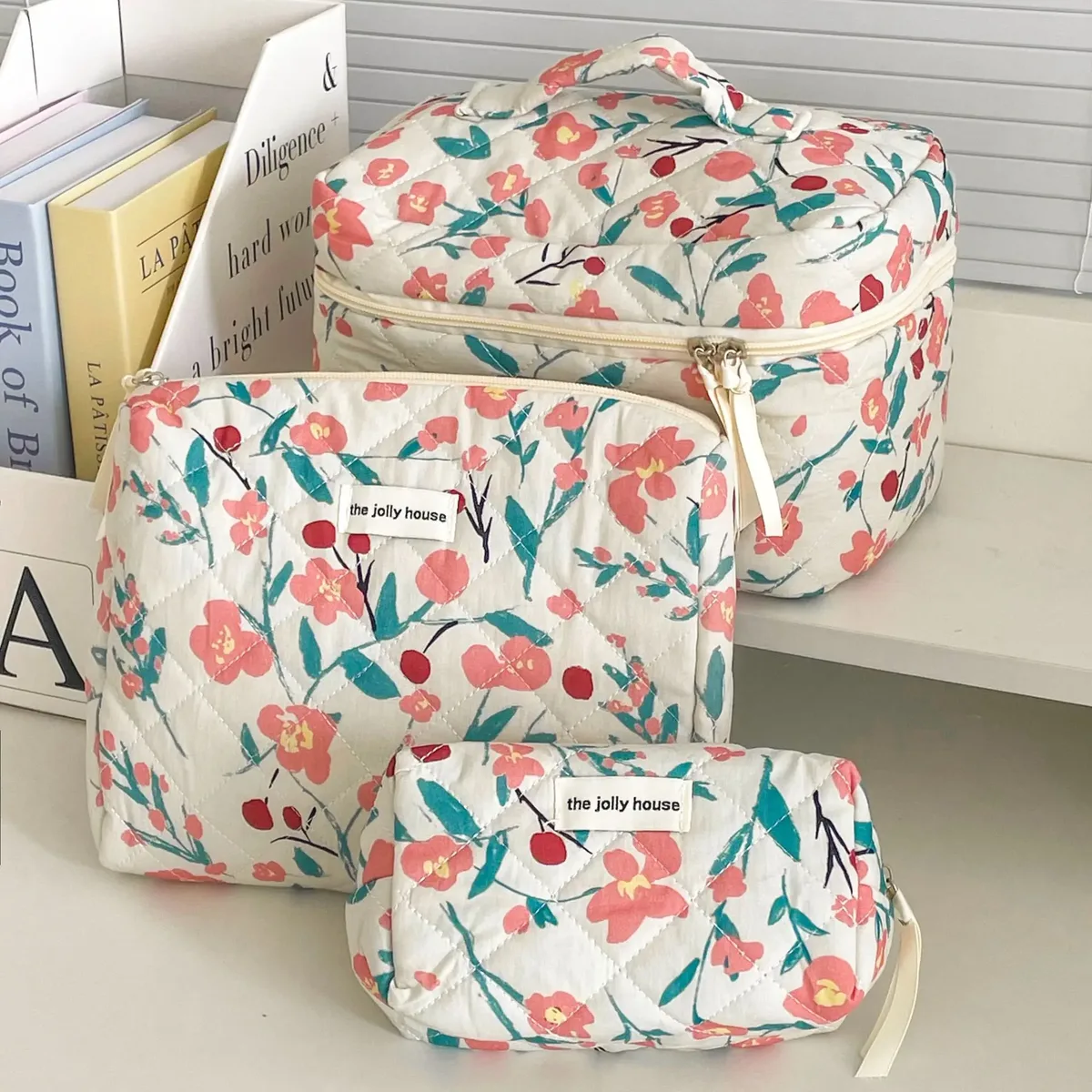 Organisateur Voyage Polyester Fleur Rose Feuille Verte Fruit Rouge Décoration Floral Sac Rectangulaire Fermeture Glissière