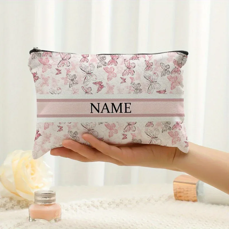 1 pièce trousse de maquillage personnalisée avec nom et motif floral imprimé, sac de rangement de voyage pour articles de toilette, organisateur de cadeaux de fête, pochette cosmétique