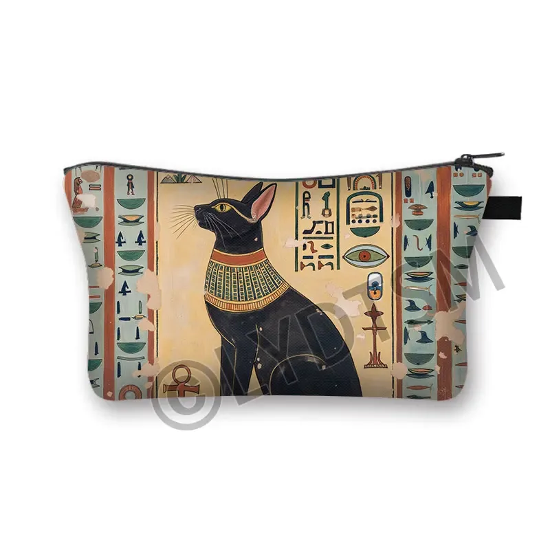 trousse à cosmétiques imprimée chat noir égyptien ancien, sac de maquillage pour femmes, hiéroglyphes égyptiens, croix ankh, rouge à lèvres, serviette, sacs de toilette