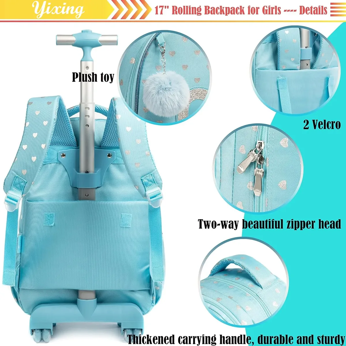 sac dos polyester toile dessin animé bleu pastel coeurs dorés love scolaire transport voyage filles