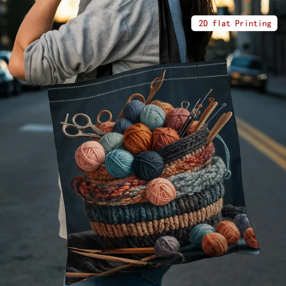 sac fourre-tout pour femme à imprimé aiguilles à tricoter colorées, grande capacité, sac à bandoulière pliable et réutilisable, sac de courses, pochette