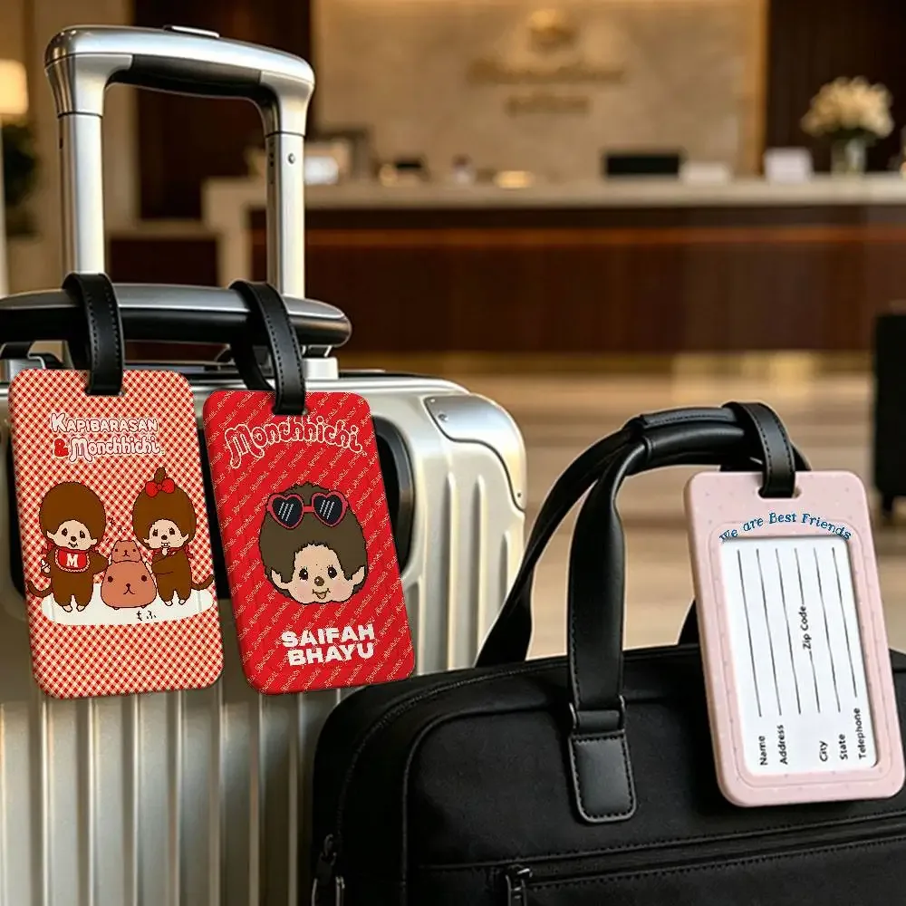 étiquette bagage plastique pvc motif dessin animé monchhichi personnages lapins filles bleu rouge gris rose blanc voyage école usage journalier antiperte