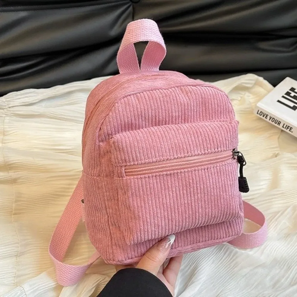 mini sac à dos polyvalent en velours côtelé de couleur unie, léger, avec fermeture éclair, double bandoulière, portable, multi-poches, sac à dos de jour, décontracté, pour voyage