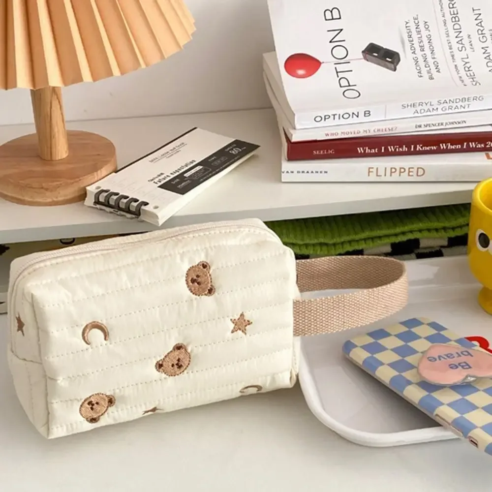trousse de toilette mignonne brodée, sac à cosmétiques, fermeture éclair, ours en coton, sac de maquillage, organisateur de poignet, pochette de maquillage pour femmes